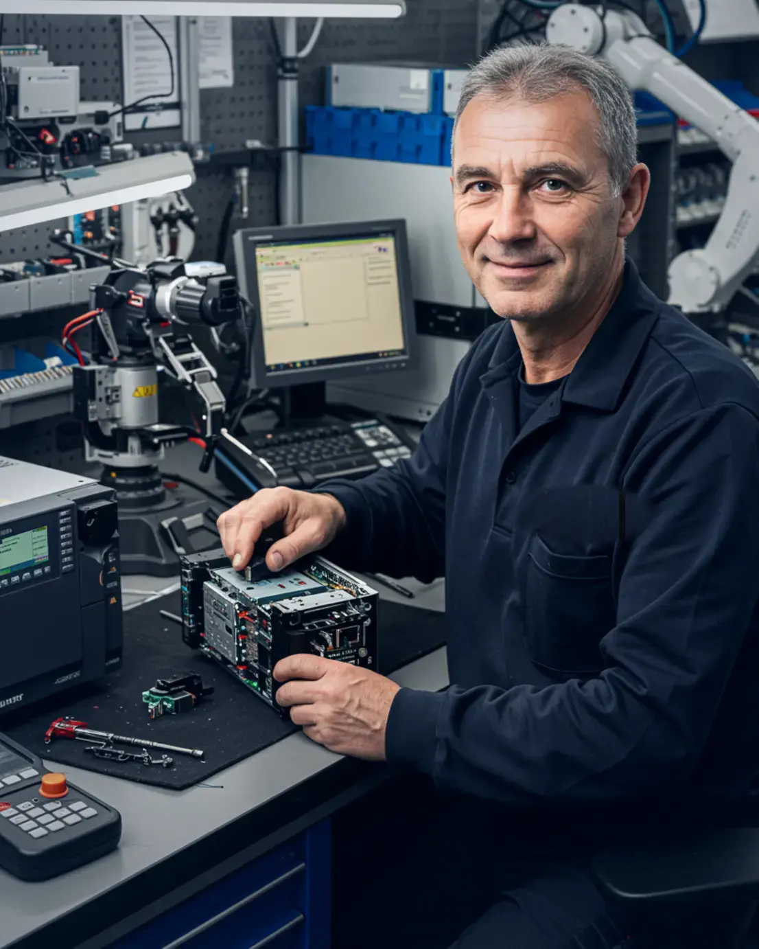 A technician repairing an automation drive on the bench