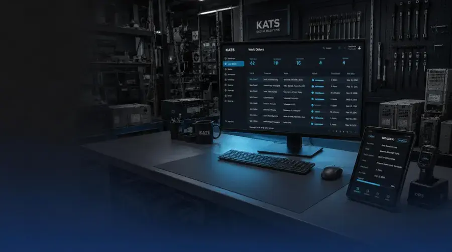 A clean, organized repair bench with KATS on screen