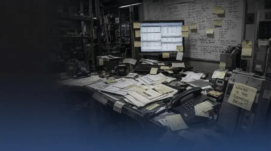 A cluttered repair bench buried in paperwork and sticky notes